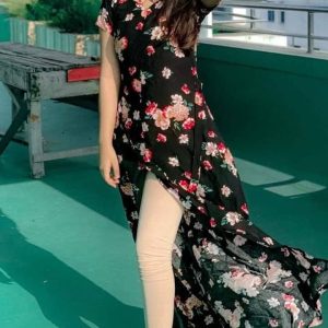 Black Floral Print Dress with Front Slit