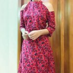 Red Floral Cold-Shoulder Halter-Neck Midi Dress