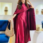 Wine Red Cape Sleeve Satin Party Dress