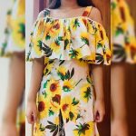 Sunflower Print Cold-Shoulder Ruffle Midi Dress